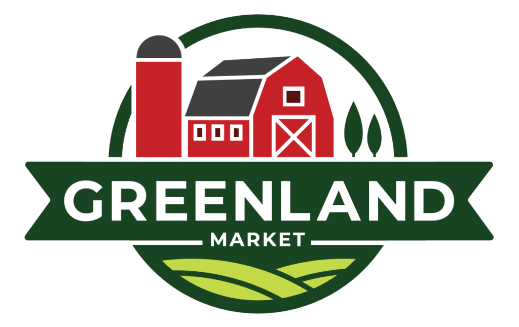 Greenland Market Logo for Greenland Market featuring a red barn with a silo, two trees, and green fields, enclosed in a circular design with the market name on a ribbon. SQUARE 4 MEDIA