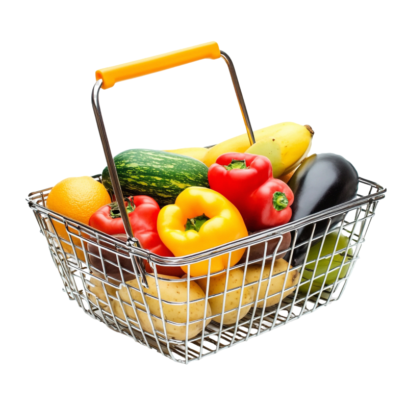 Greenland Market A metal basket filled with various fruits and vegetables, including bell peppers, banana, zucchini, eggplant, orange, and potatoes, with an orange handle. SQUARE 4 MEDIA